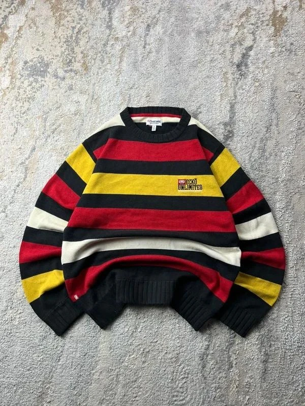 Retro Ecko unltd. Mens Black Red Stripe Pattern Crewneck Sweater Size M